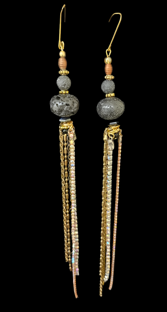 Rough Black Lava & Multi Chain Super Long Pierced Earrings - Rich Posh