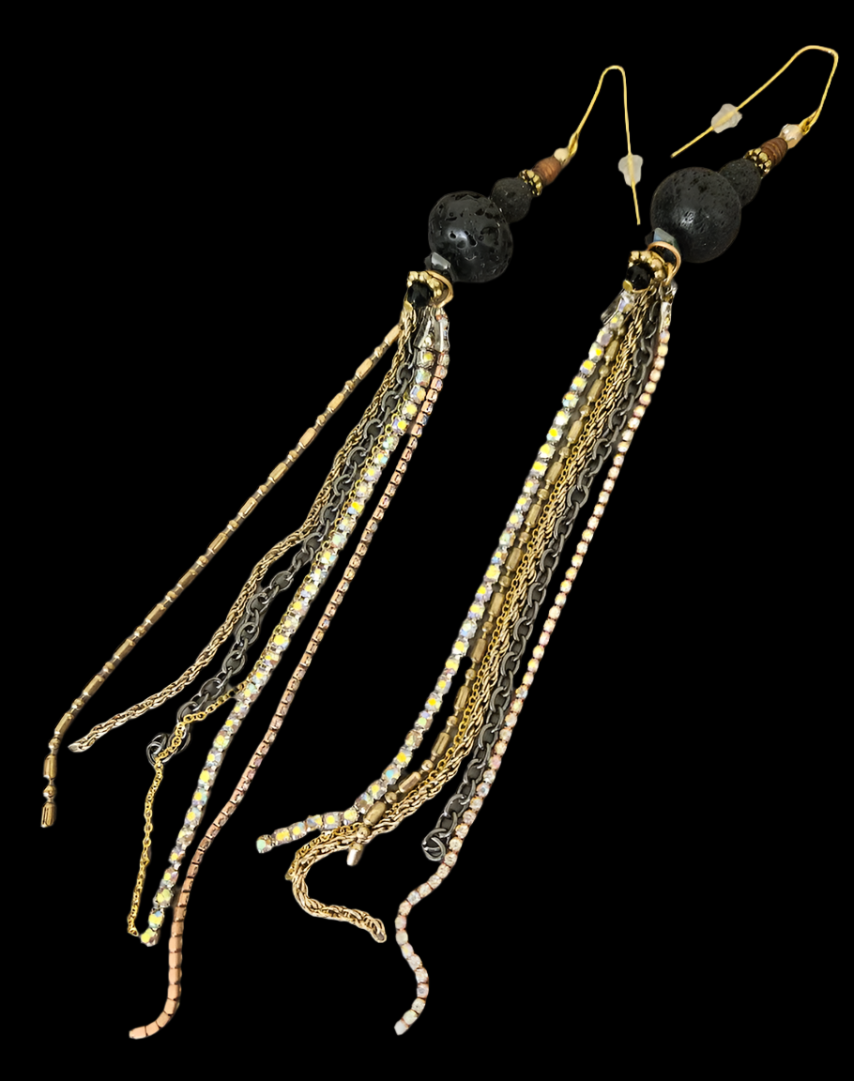 Rough Black Lava & Multi Chain Super Long Pierced Earrings - Rich Posh