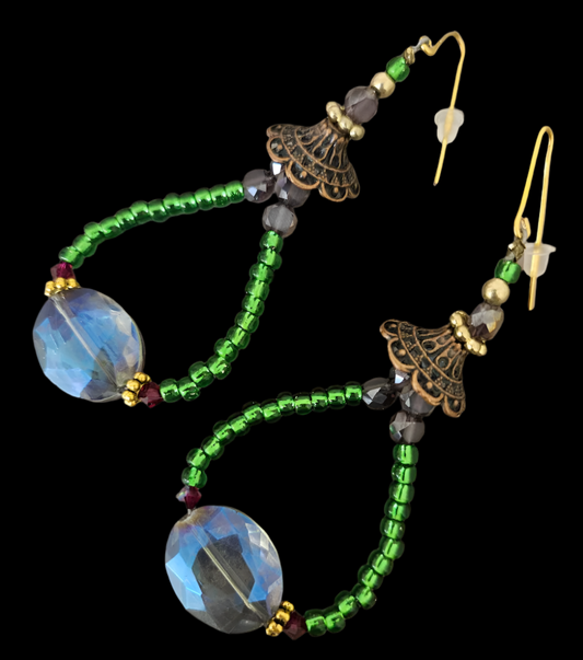 Emerald Green & Purple Crystal Hoop Pierced Earrings - Bohemian Fun