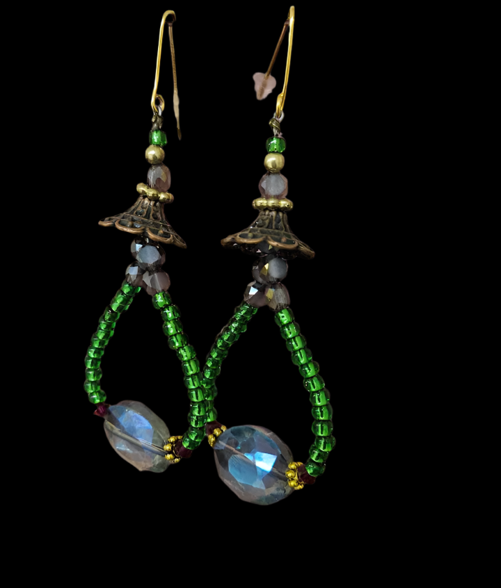 Emerald Green & Purple Crystal Hoop Pierced Earrings - Bohemian Fun