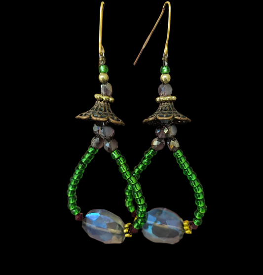 Emerald Green & Purple Crystal Hoop Pierced Earrings - Bohemian Fun
