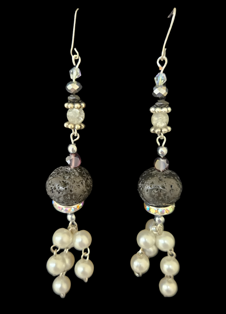 Black Lava Rhinestone & Faux Pearl Drop Pierced Shoulder Dusters - OOAK