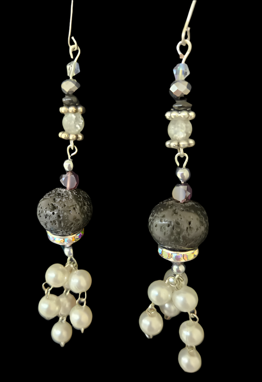 Black Lava Rhinestone & Faux Pearl Drop Pierced Shoulder Dusters - OOAK