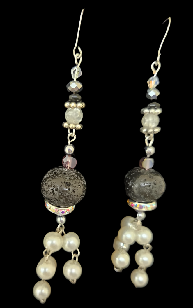 Black Lava Rhinestone & Faux Pearl Drop Pierced Shoulder Dusters - OOAK