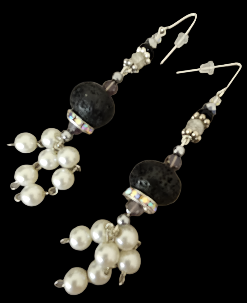 Black Lava Rhinestone & Faux Pearl Drop Pierced Shoulder Dusters - OOAK