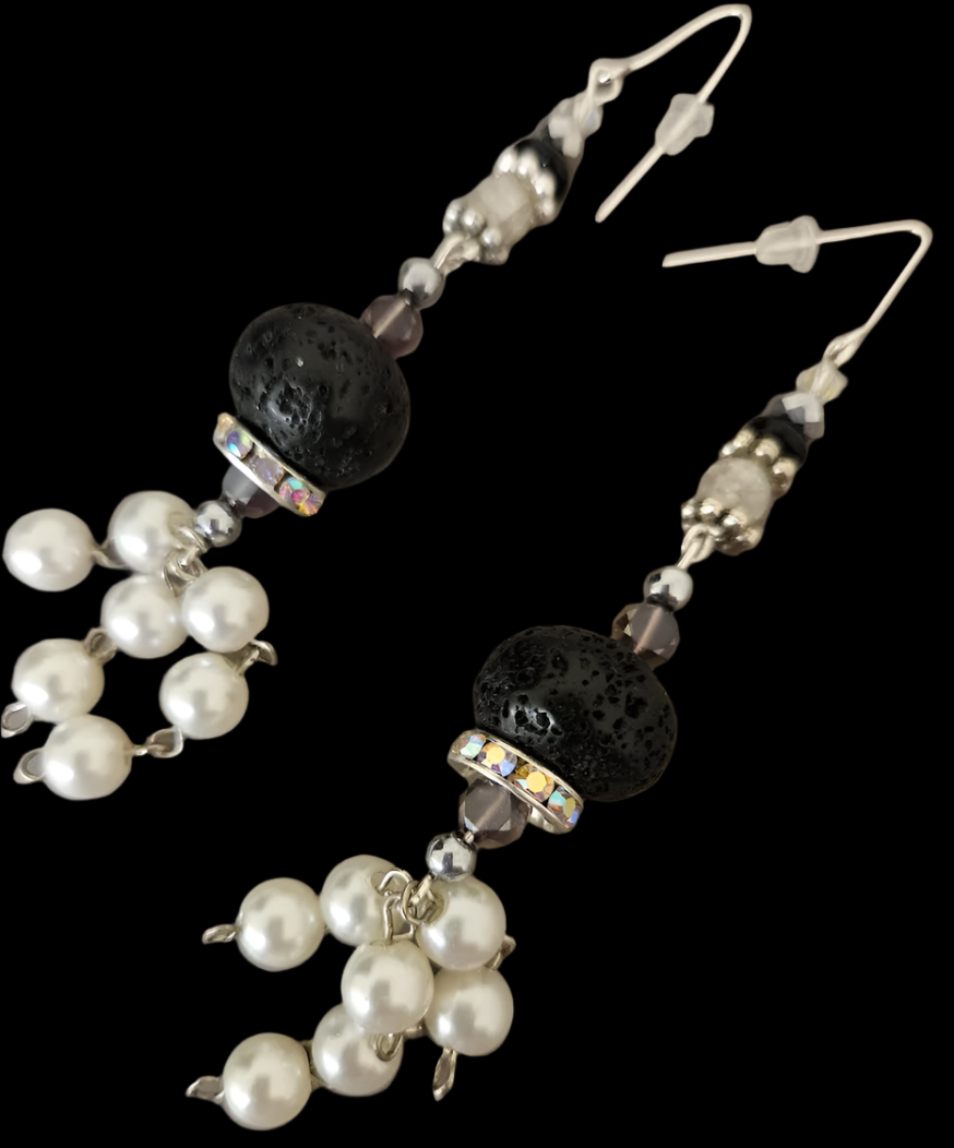 Black Lava Rhinestone & Faux Pearl Drop Pierced Shoulder Dusters - OOAK