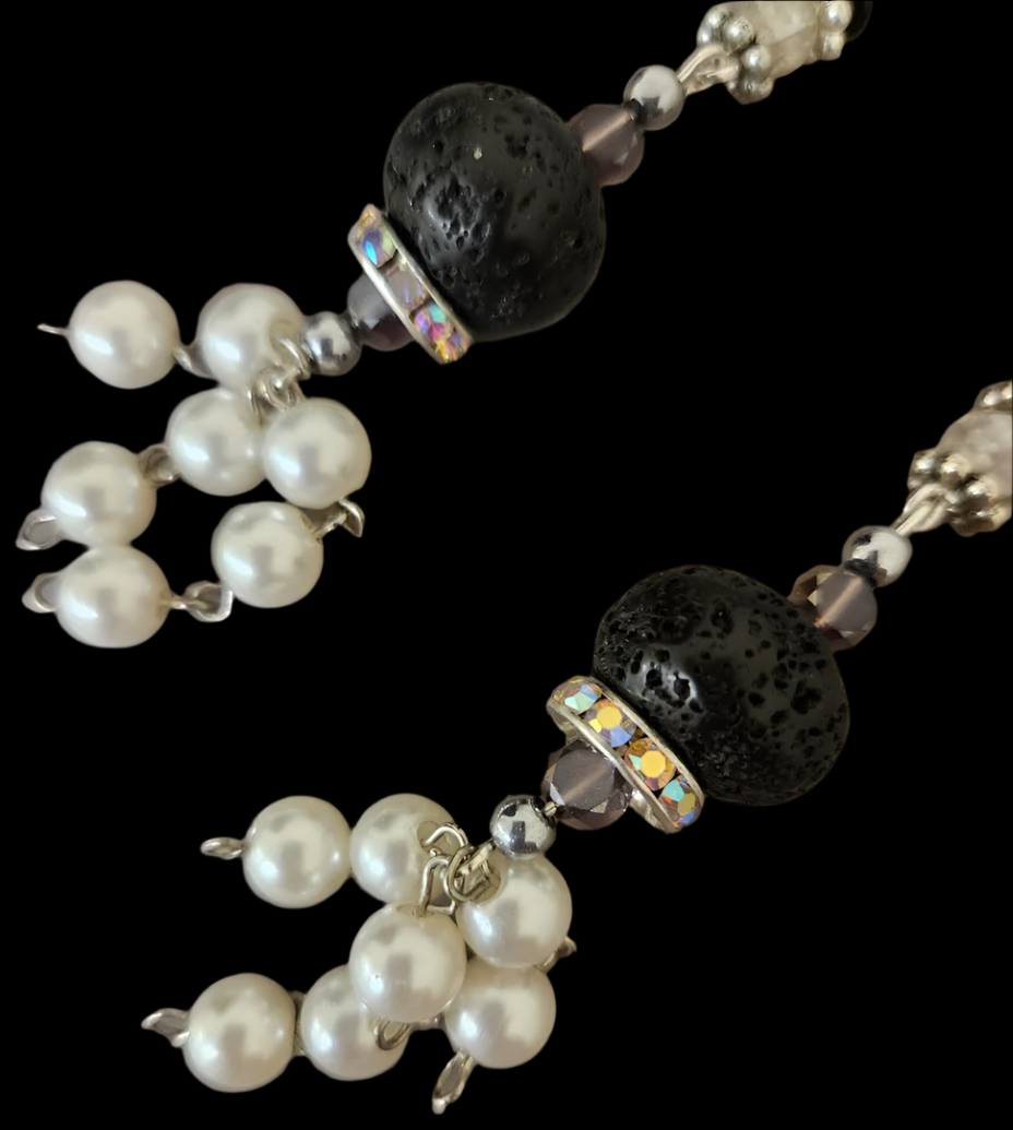 Black Lava Rhinestone & Faux Pearl Drop Pierced Shoulder Dusters - OOAK