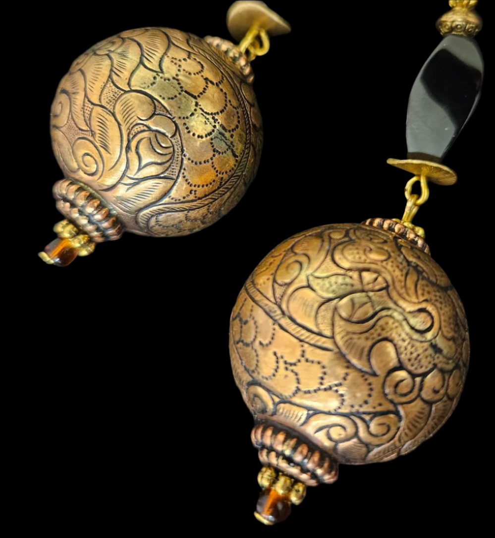 Tibetan Copper & Brass Repousse Dragon Motif Dangle Pierced Earring
