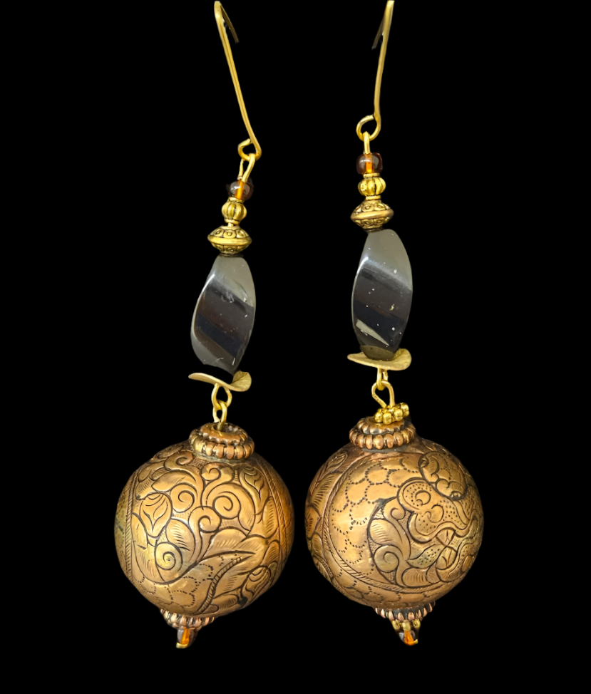 Tibetan Copper & Brass Repousse Dragon Motif Dangle Pierced Earring