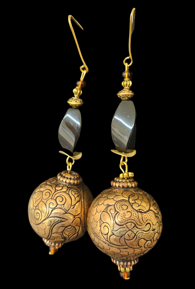 Tibetan Copper & Brass Repousse Dragon Motif Dangle Pierced Earring