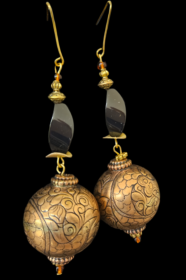 Tibetan Copper & Brass Repousse Dragon Motif Dangle Pierced Earring