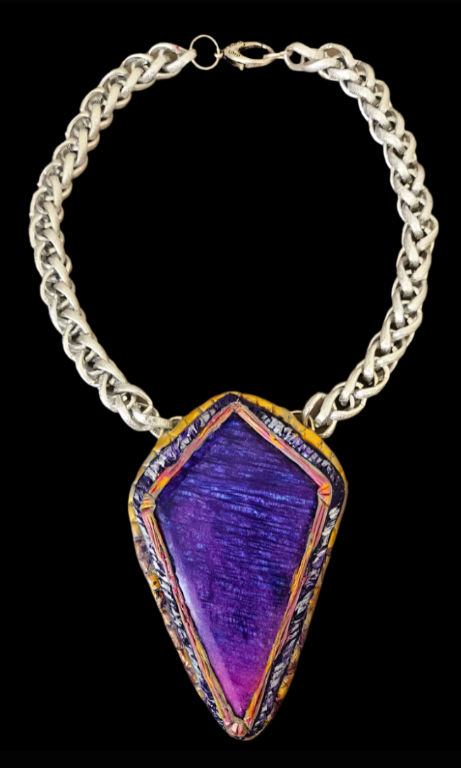 OOAK Purple Flash Moonstone Sculpted Pendant - Boho Couture Elegance