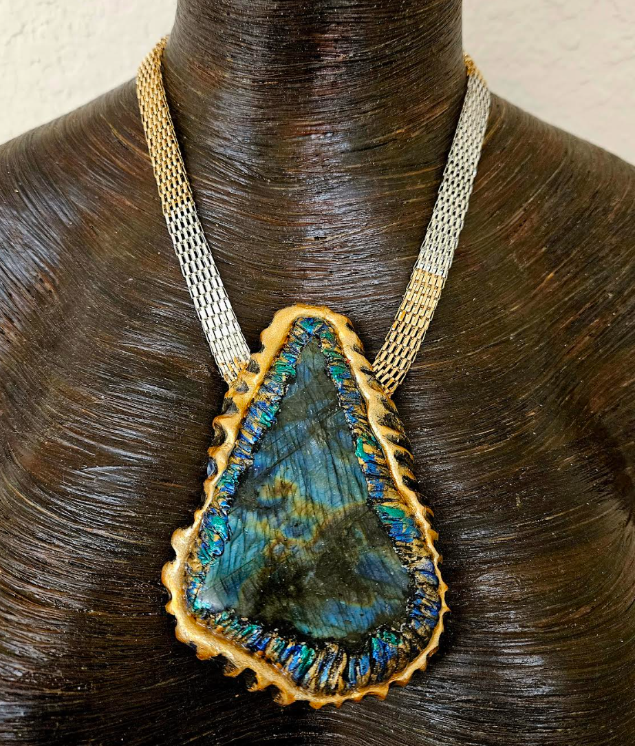 Hand-Sculpted Flashy Labradorite Unisex Pendant - Casual or Dress
