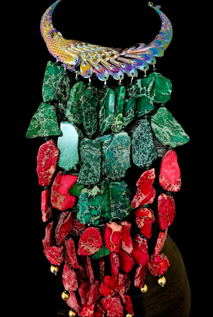 Red & Green Sediment Slab Waterfall Necklace - A-List Met Gala Events