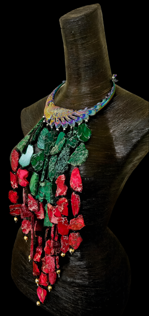 Red & Green Sediment Slab Waterfall Necklace - A-List Met Gala Events