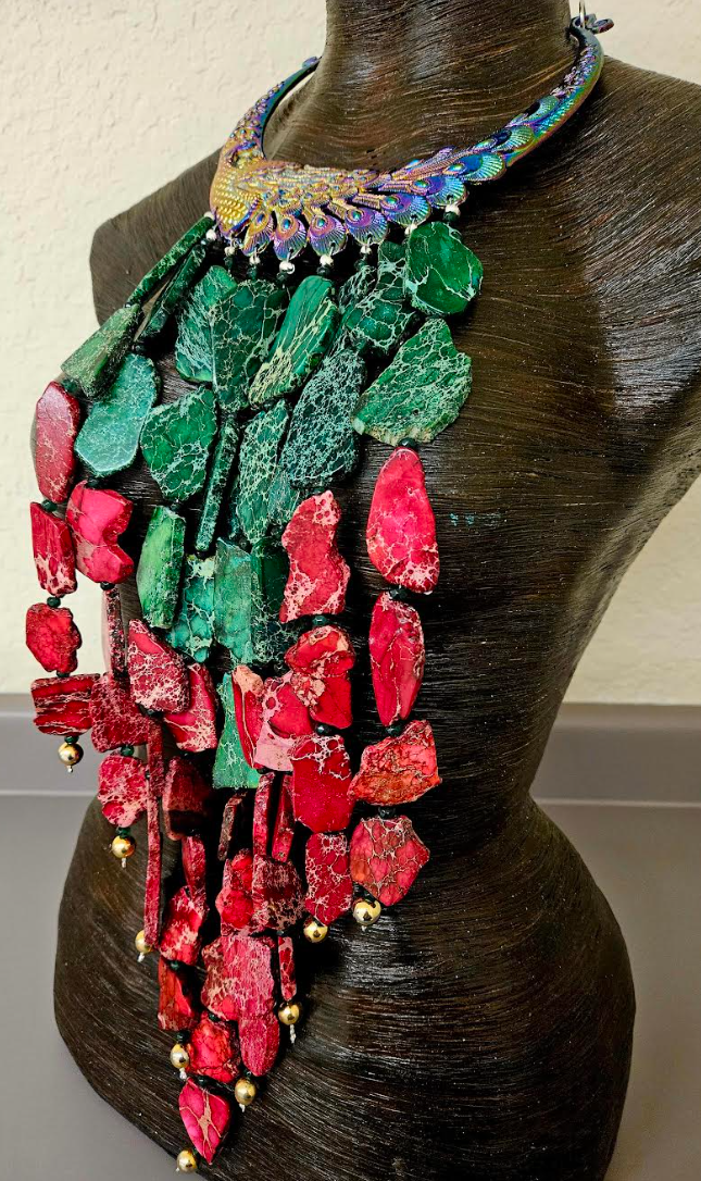 Red & Green Sediment Slab Waterfall Necklace - A-List Met Gala Events
