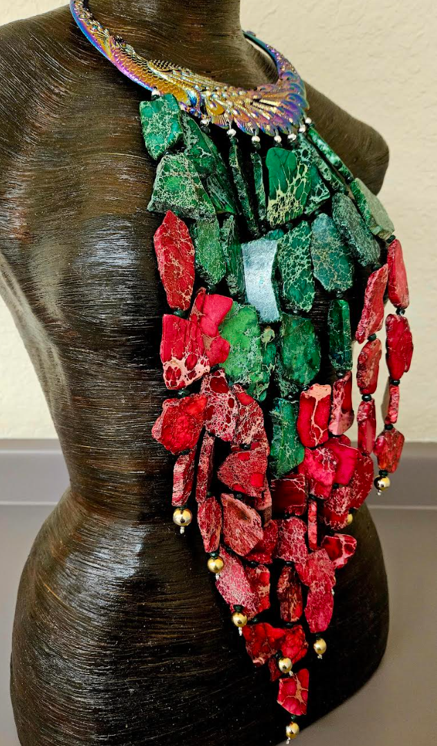 Red & Green Sediment Slab Waterfall Necklace - A-List Met Gala Events