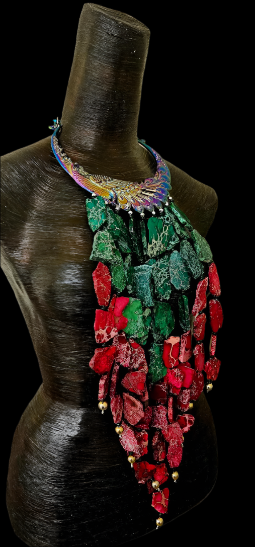 Red & Green Sediment Slab Waterfall Necklace - A-List Met Gala Events