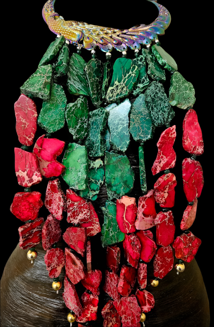 Red & Green Sediment Slab Waterfall Necklace - A-List Met Gala Events