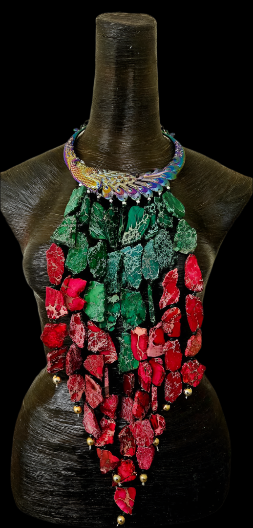 Red & Green Sediment Slab Waterfall Necklace - A-List Met Gala Events