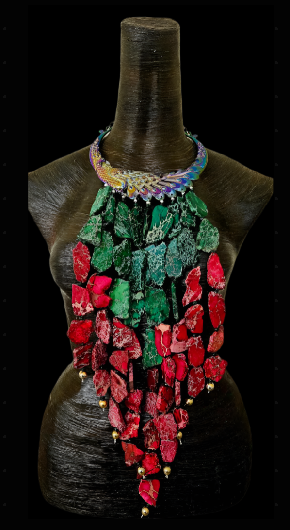 Red & Green Sediment Slab Waterfall Necklace - A-List Met Gala Events