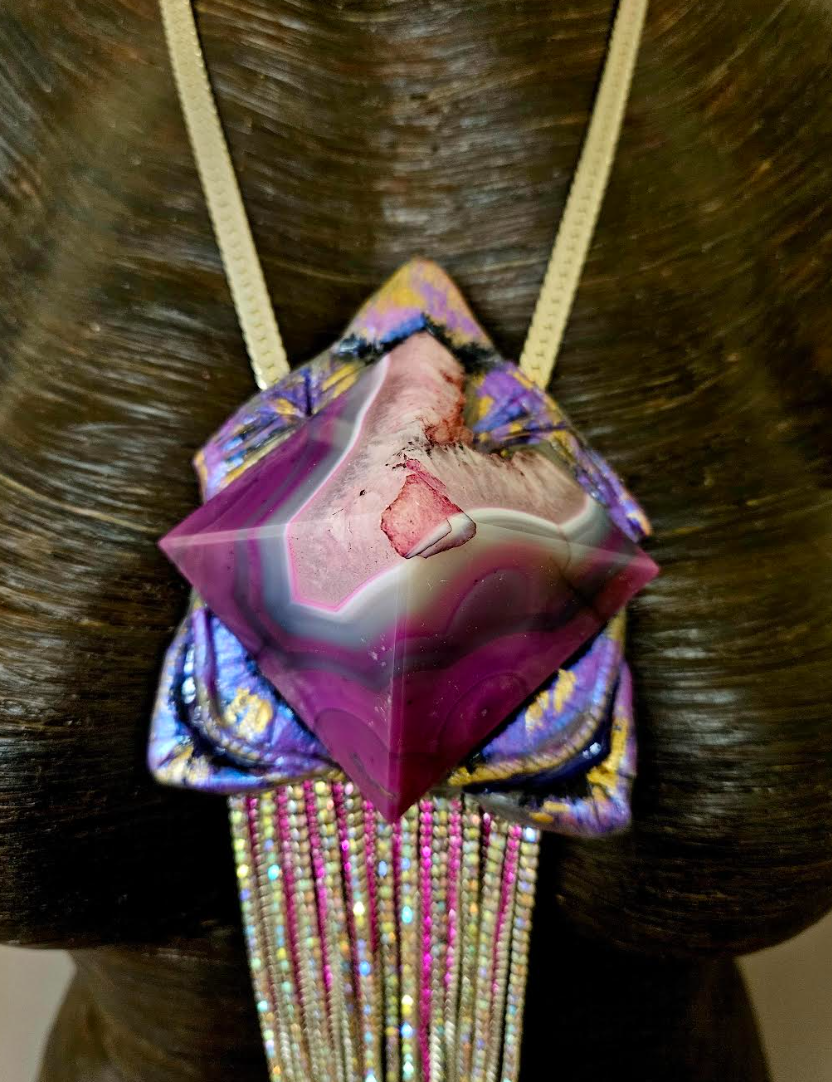 Purple Pink Agate Pyramid Pendant - Rhinestone Fringe