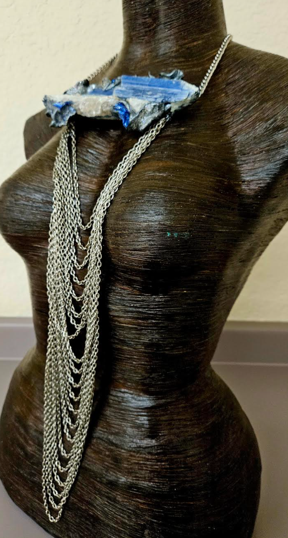 Rough Blue Kyanite Sculpted Pendant & Waterfall Draped Chains - OOAK