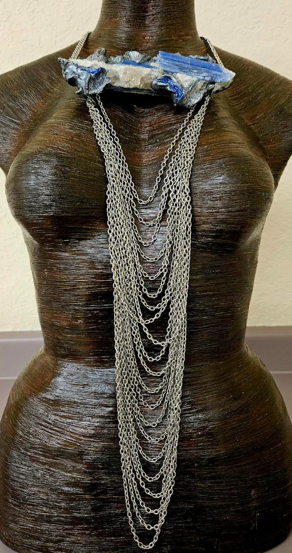 Rough Blue Kyanite Sculpted Pendant & Waterfall Draped Chains - OOAK
