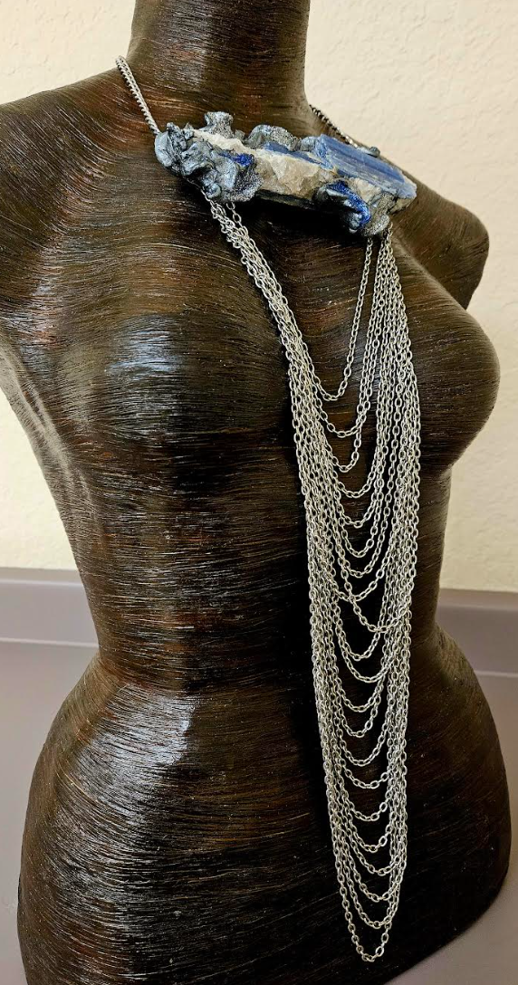 Rough Blue Kyanite Sculpted Pendant & Waterfall Draped Chains - OOAK