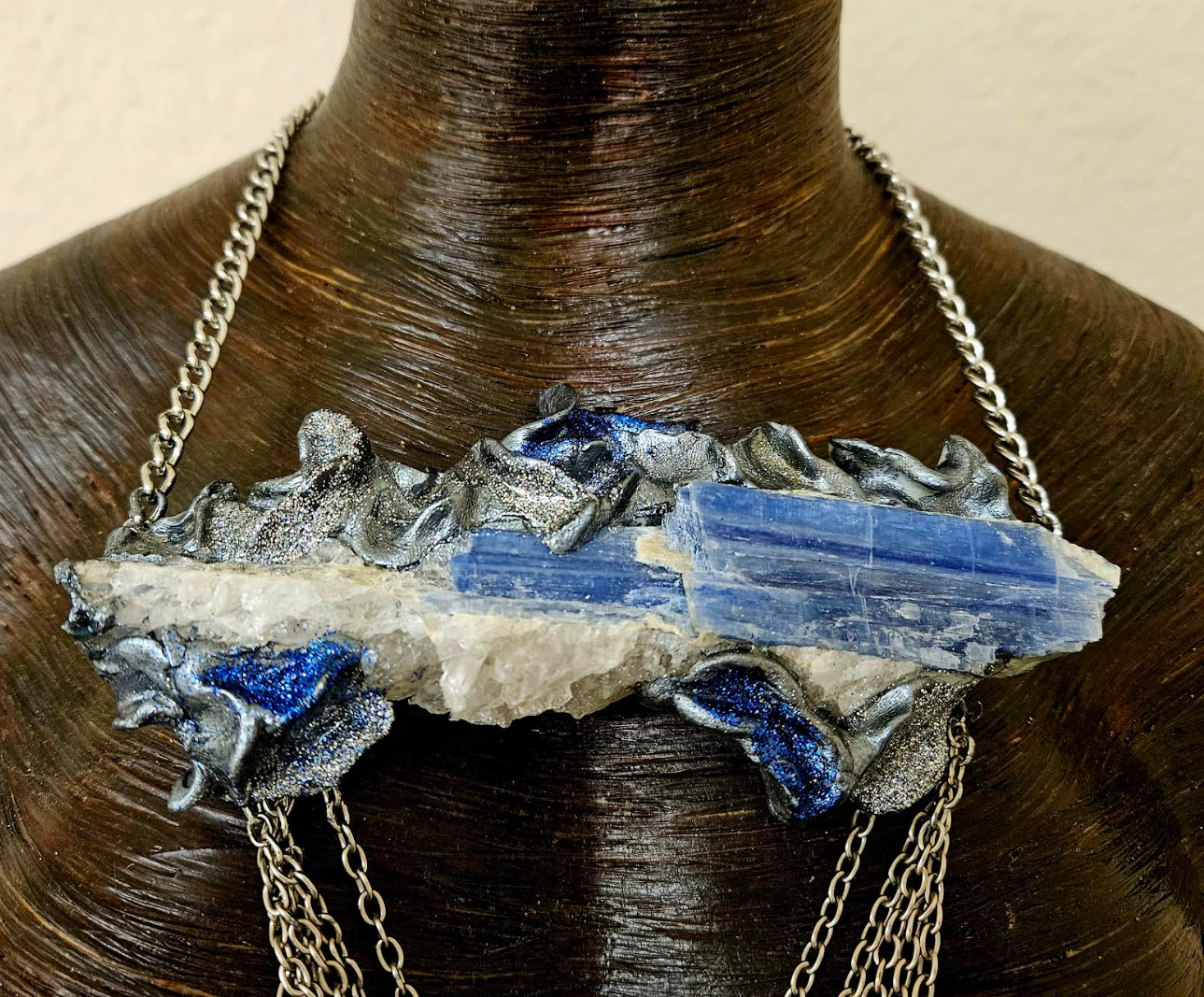 Rough Blue Kyanite Sculpted Pendant & Waterfall Draped Chains - OOAK