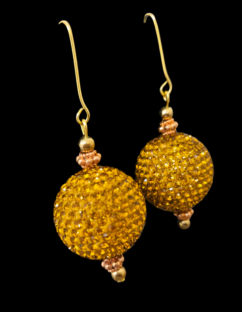Copper Rhinestone Ball Pierced Earrings - Bling Bling Dangle Ear Candy