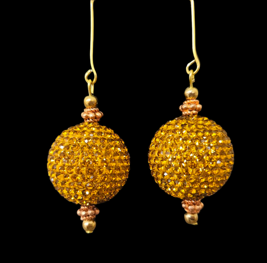 Copper Rhinestone Ball Pierced Earrings - Bling Bling Dangle Ear Candy