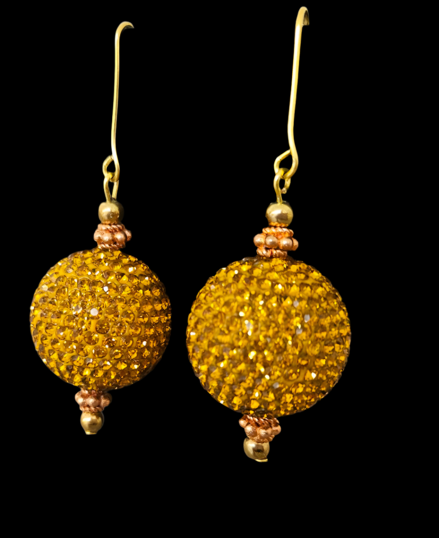 Copper Rhinestone Ball Pierced Earrings - Bling Bling Dangle Ear Candy