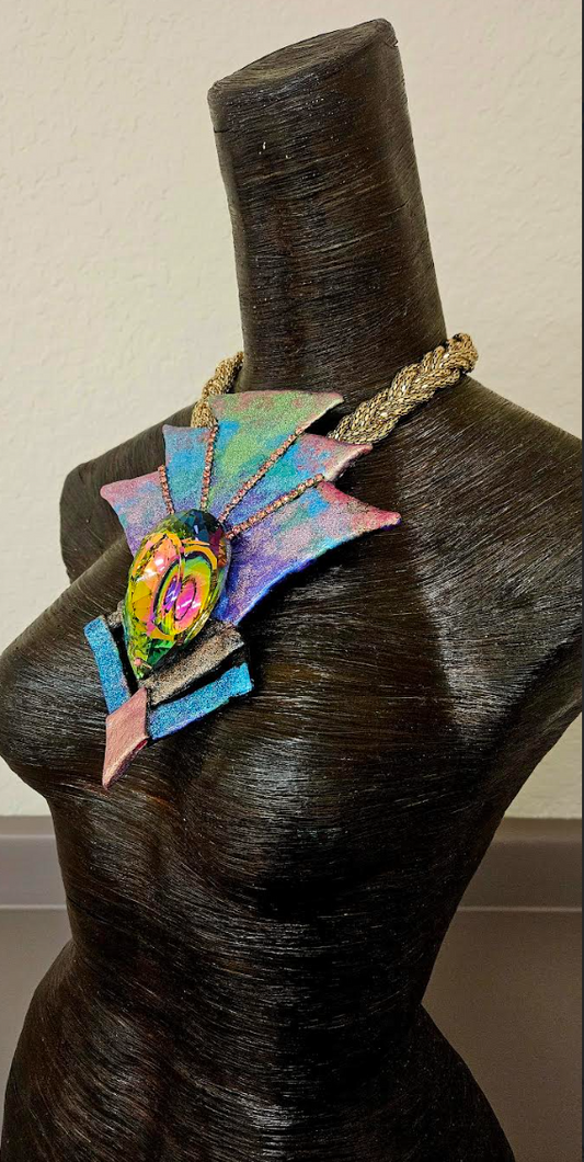 Rainbow Aurora Borealis Crystal Art Deco Sculpted Statement Pendant