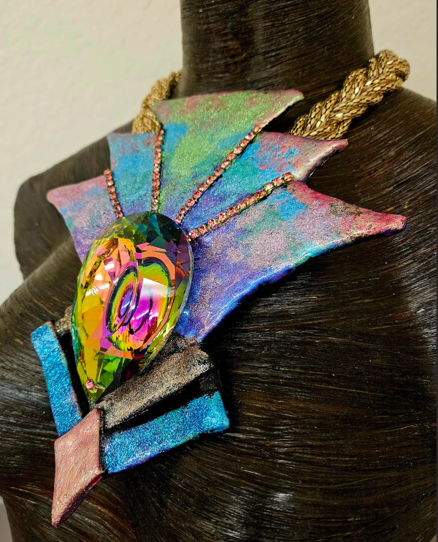 Rainbow Aurora Borealis Crystal Art Deco Sculpted Statement Pendant