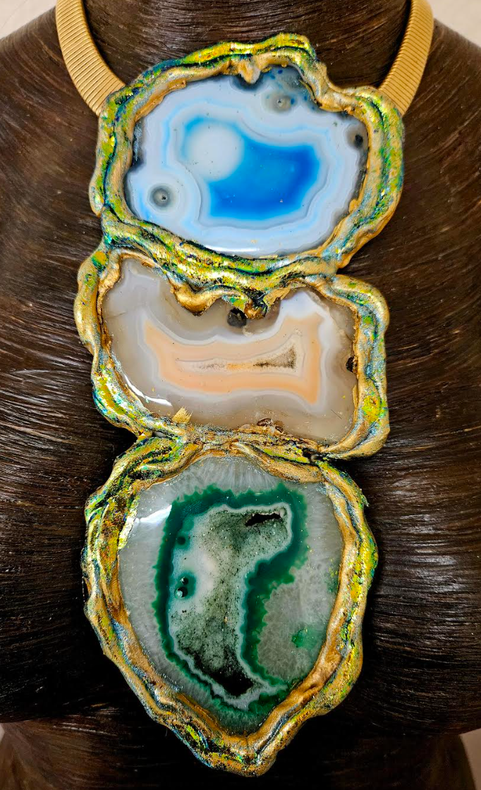 Sculpted Agate Totem Gemstone Pendant - Blue Green & Orange
