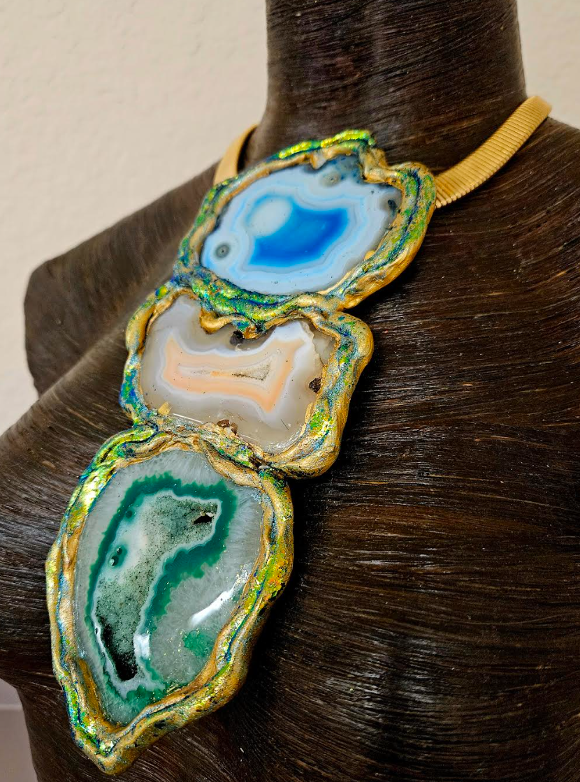 Sculpted Agate Totem Gemstone Pendant - Blue Green & Orange
