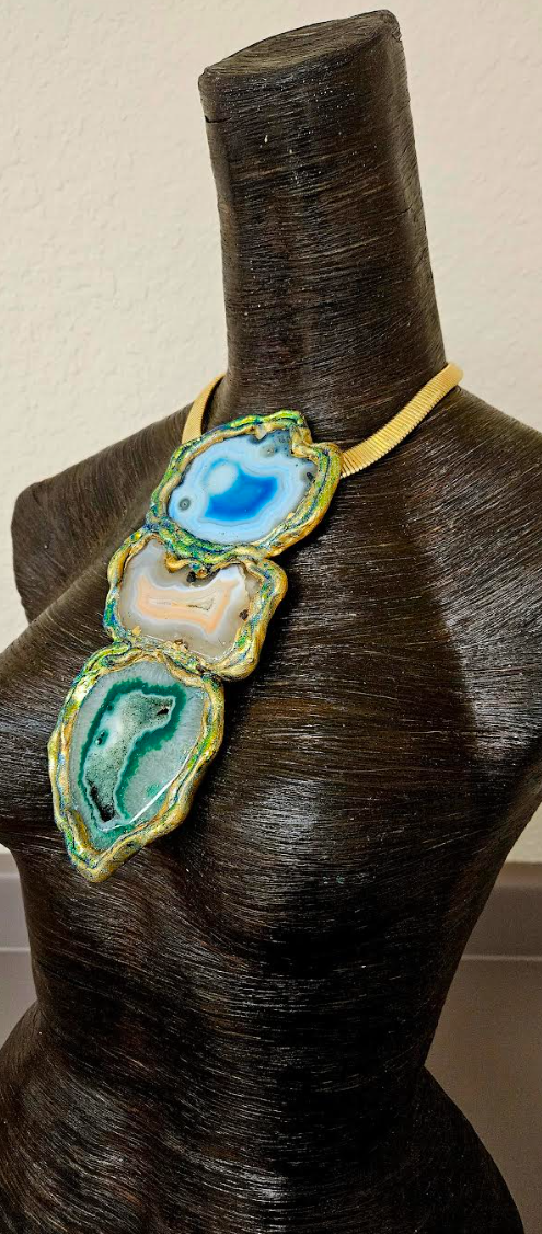 Sculpted Agate Totem Gemstone Pendant - Blue Green & Orange