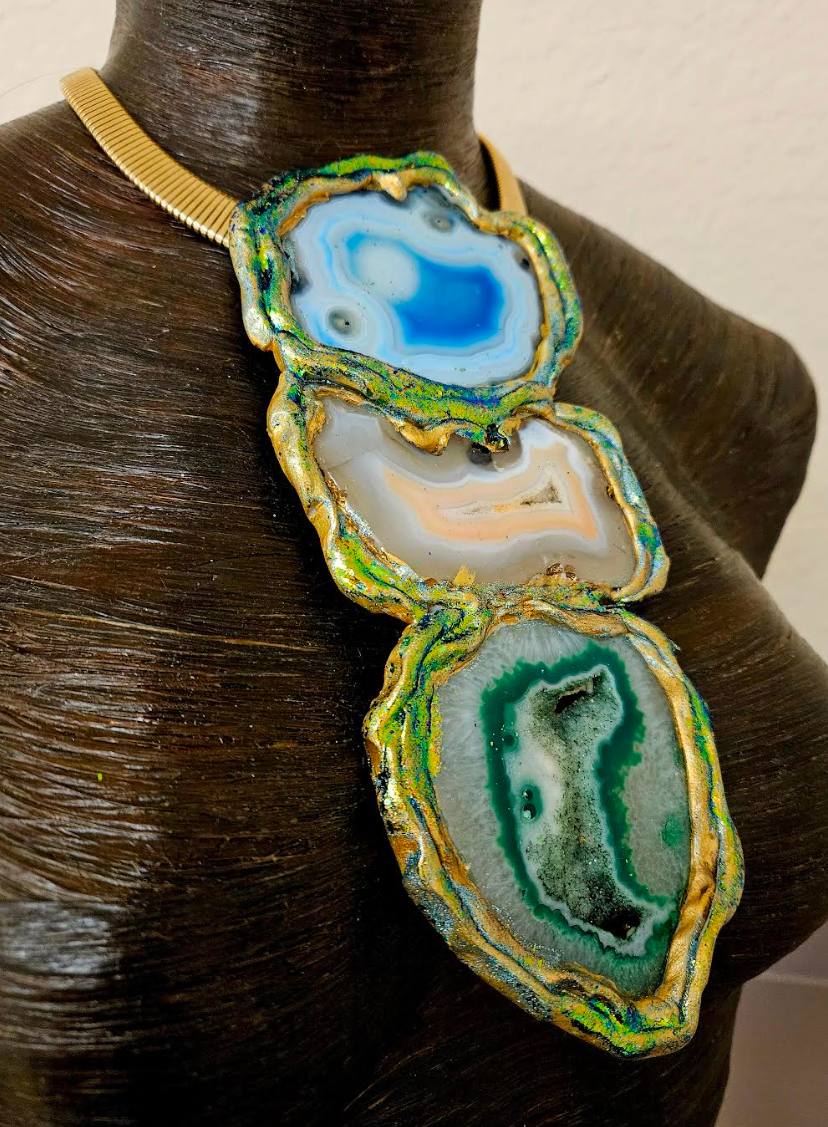 Sculpted Agate Totem Gemstone Pendant - Blue Green & Orange