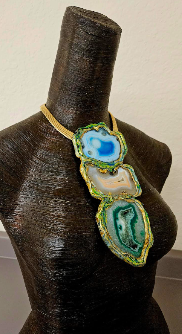 Sculpted Agate Totem Gemstone Pendant - Blue Green & Orange