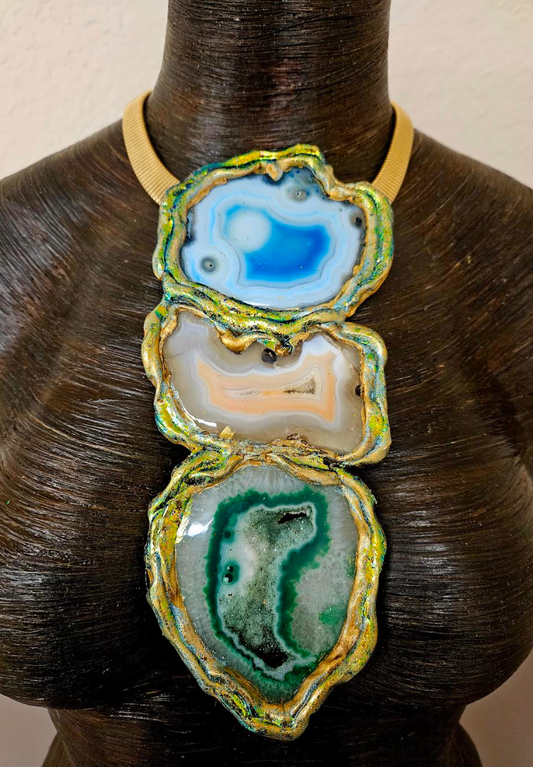 Sculpted Agate Totem Gemstone Pendant - Blue Green & Orange