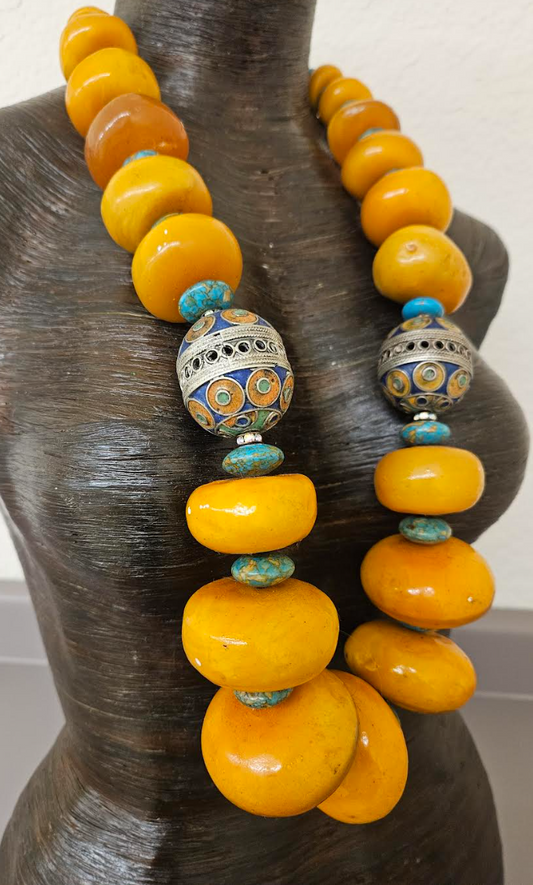 Oversized Moroccan Resin & Berber Egg Tribal Rope Luxury Necklace