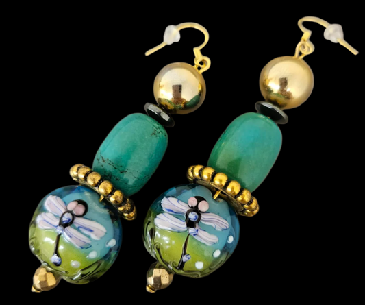 Dragonfly Mixed Media Dangle Pierced Statement Earrings - Green & Gold