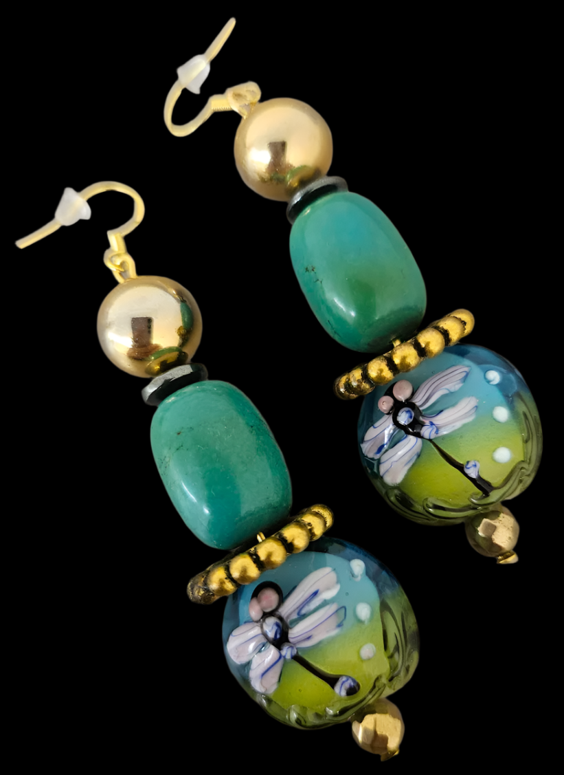 Dragonfly Mixed Media Dangle Pierced Statement Earrings - Green & Gold