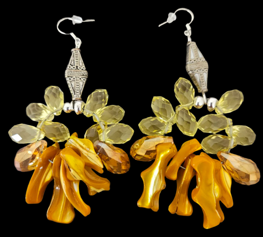 Orange Frangia Shell & Yellow Crystal Hoop Pierced Statement Earrings