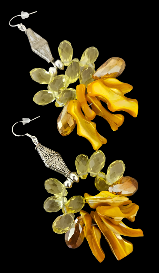 Orange Frangia Shell & Yellow Crystal Hoop Pierced Statement Earrings