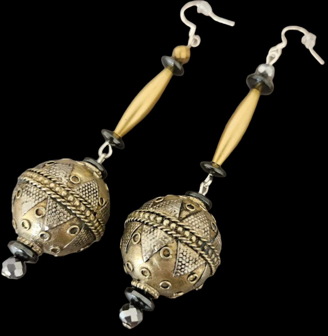 Exotic Turkman Tribal Beaded Pierced Statement Earrings - Silver Gold