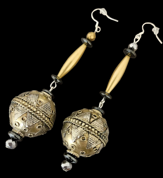 Exotic Turkman Tribal Beaded Pierced Statement Earrings - Silver Gold