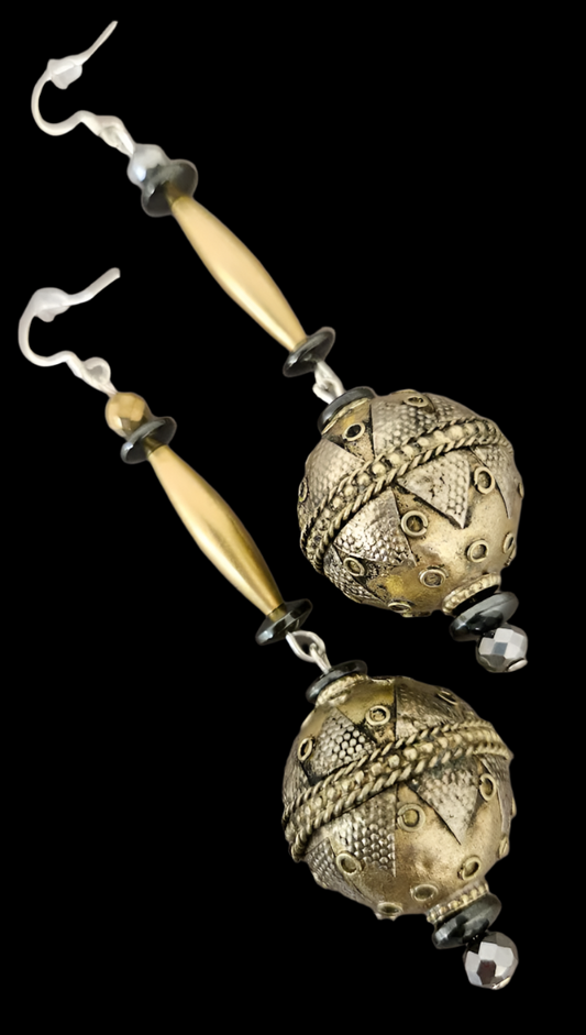 Exotic Turkman Tribal Beaded Pierced Statement Earrings - Silver Gold