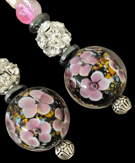 Black Pink & Silver Beaded Lampwork Glass Floral Pierced Earrings